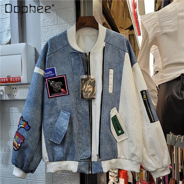 

european 2021 spring new european fashion badge baseball uniform fake two pieces patchwork denim jacket women, Black;brown
