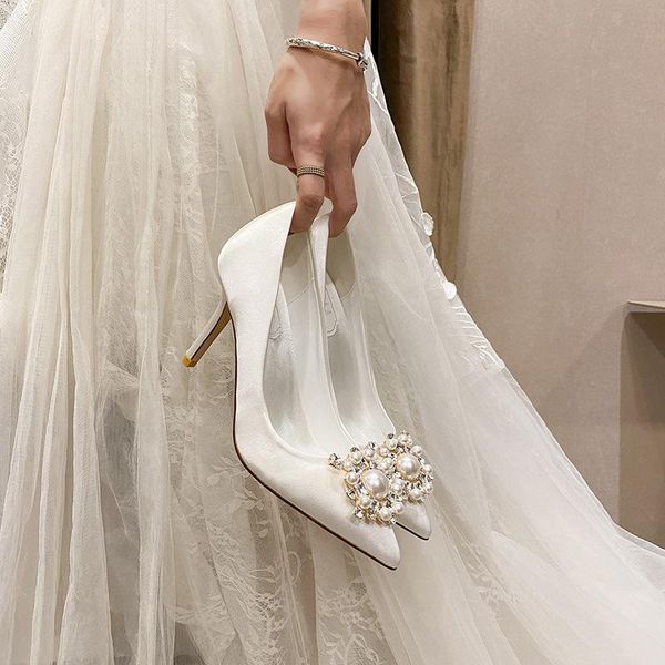 

dress shoes fashion shallow mouth pearl beaded rehinstones with satin high heels bridesmaid white women, Black