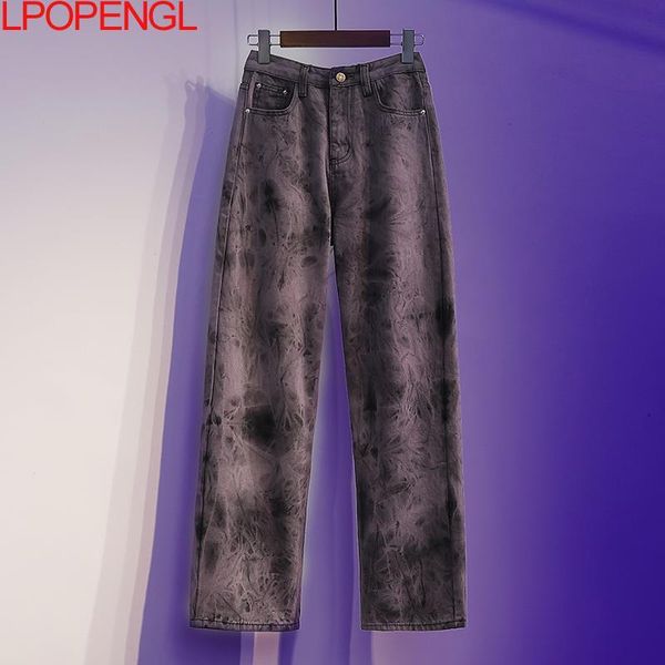 

women's jeans tie-dye design spring/summer 2021 high-waist streetwear straight denim pants cotton harajuku simple y2k, Blue