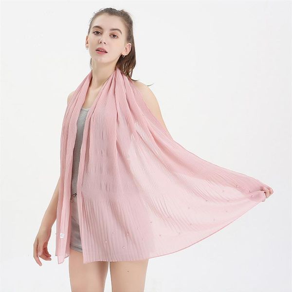 

scarves chiffon solid color pearl pleated scarf multifunction four season muslin hijab beaded ruffled skirt baotou headband, Blue;gray