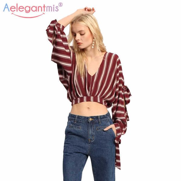 

aelegantmis v neck high waist short women fashion loose long sleeve striped blouse ladies casual shirt crop 210607, White