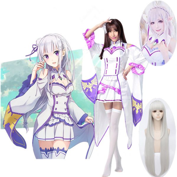 

anime costumes rezero kara hajimeru isekai seikatsu emilia cosplay costume women fancy dress+headwear halloween party costumes in stock, Black