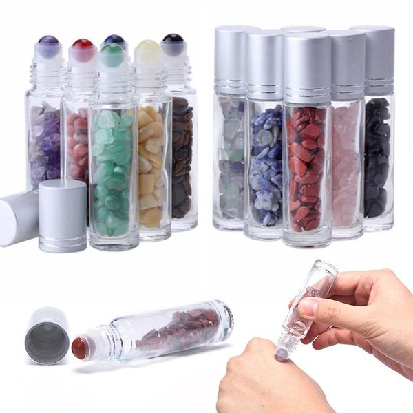 

10ml natural gemstone essential oil roller ball bottles transparent perfumes oil liquids roll on bottles with crystal chips