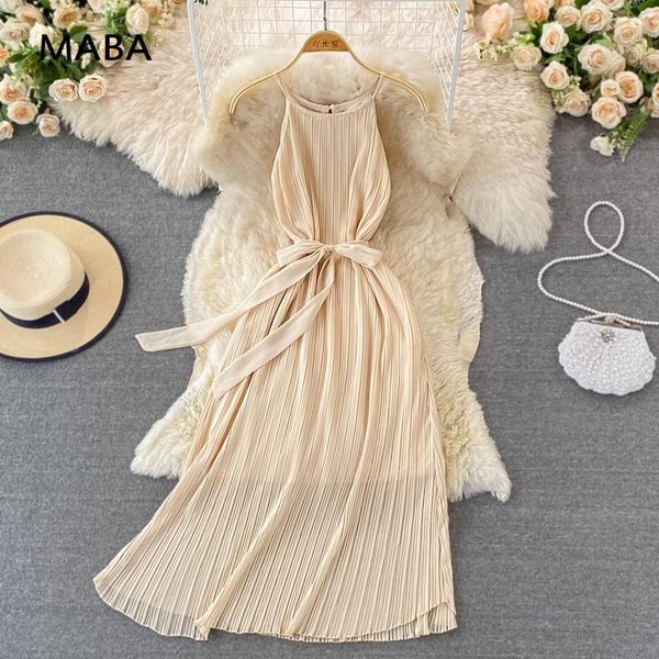 

casual dresses elegant women spaghetti strap dress 2022 summer off shoulder loose solid lace up waist pleated mid calf streetwear robe, Black;gray