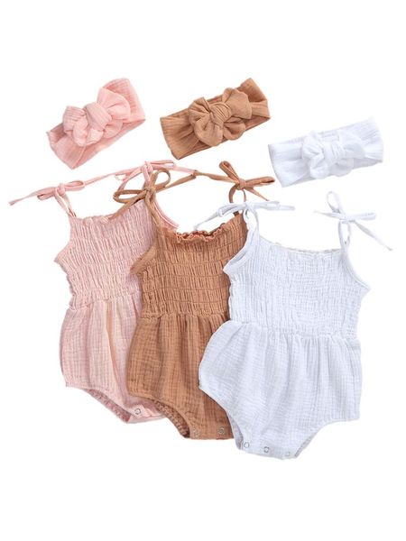 

jumpsuits 2021 baby summer clothes born girls boys solid cotton linen bodysuits sleeveless strap + headband, Blue