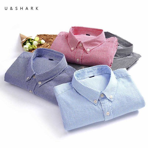 Ushark vermelho azul camisa listrada para homens blusa 100% algodão camisa de oxford manga longa social negócio escritório vestuário masculino 210603