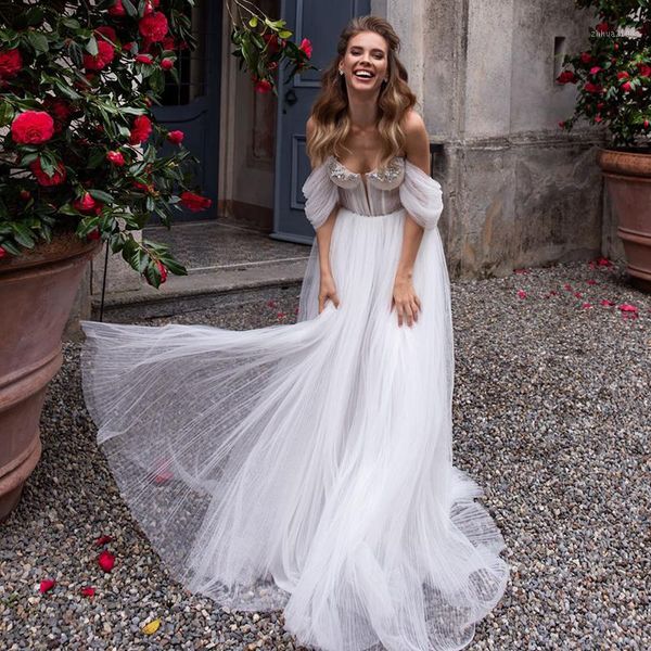 

other wedding dresses selling hippie a-line floor length off the shoulder beading tulle beach boho dress 20211, White