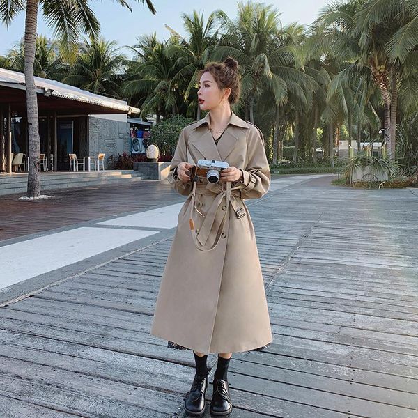 

women's trench coats windbreaker spring autumn khaki long korean loose ladies cape classic fashion simple big size s-3xl coat female, Tan;black