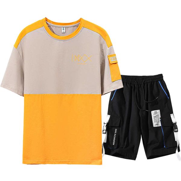 

men's tracksuits summer sets 2 piece short sleeve t-shirts+shorts fashion patchwork jogger sweat suits men sportswear casual vtkv, Gray
