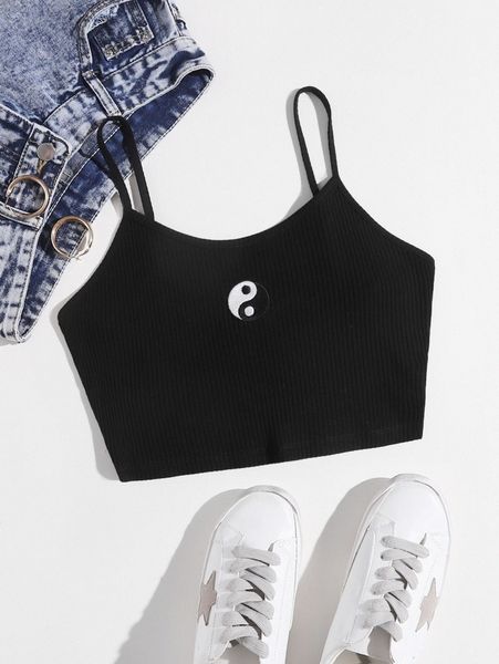 

yin yang embroidered ringer cami x1ra#, White