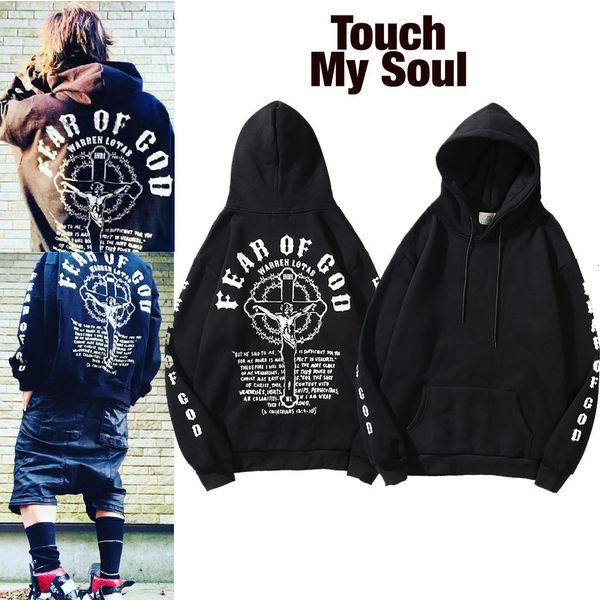 

hip hop style fog double line jesus cross hand sleeve letter printed sweater hooded coat, Black