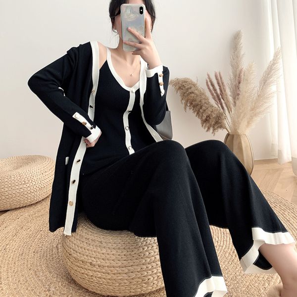 

2021 new autumn 3 piece korean elegant vest cardigan + wide-leg pants set suit knit casual sweater outfit for women bx7j, Blue