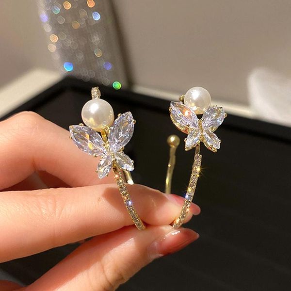 

hoop & huggie vintage elegant butterfly pearl crystal earrings for women s925 needle zircon original design jewelry gift, Golden;silver