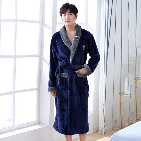 

men's sleepwear men flannel kimono robe winter home clothing intimate lingerie casual nightwear homewear navy blue bathrobe gown, Black;brown