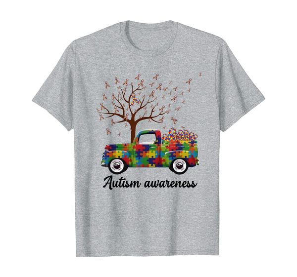 

autism awareness tree ribbon truck pieces puzzle t-shirt, White;black