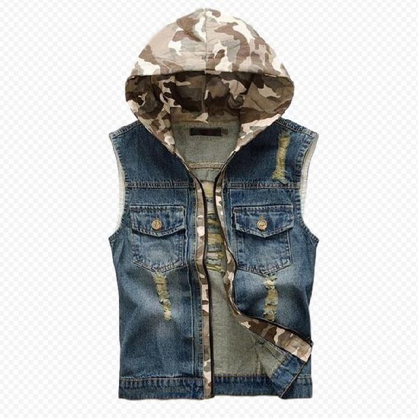 

denim gaten cowboy men camouflage vest warm mouwloos hooded katoen park, Black