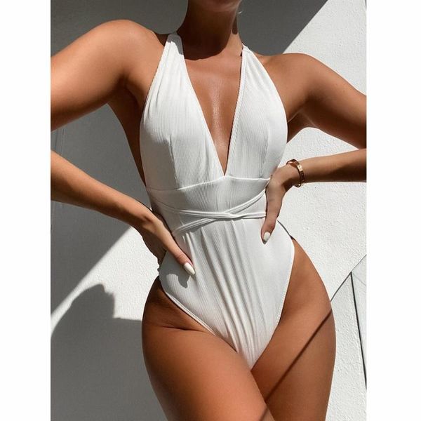 

one shoulder 2021 women one piece swimsuit solid swimwear female white bandage brazilian bather monokini bathing suit beach