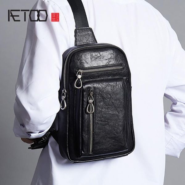 

HBP AETOO Leather Men's Chest Bag, Stylish Personality Stiletto Bag, Head Leather Casual Sports Shoulder Bag, Black