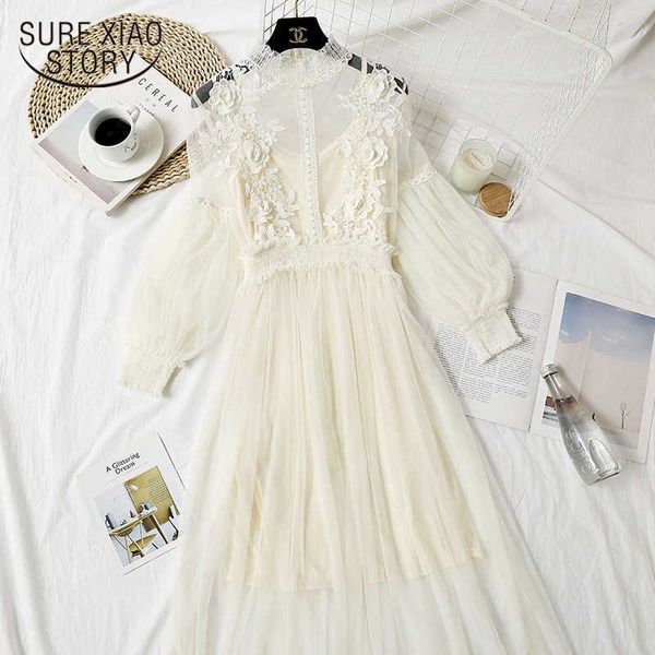 

women lace flower dress women arrivals lantern sleeve voile long dress lady hook princess chic dresses 2 piece set 12041 210527, Black;gray