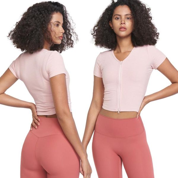 

yoga outfit front zipper sport jacket elastic slim women double easy to put on and take off quick-drying running short-sleeve t-shirt