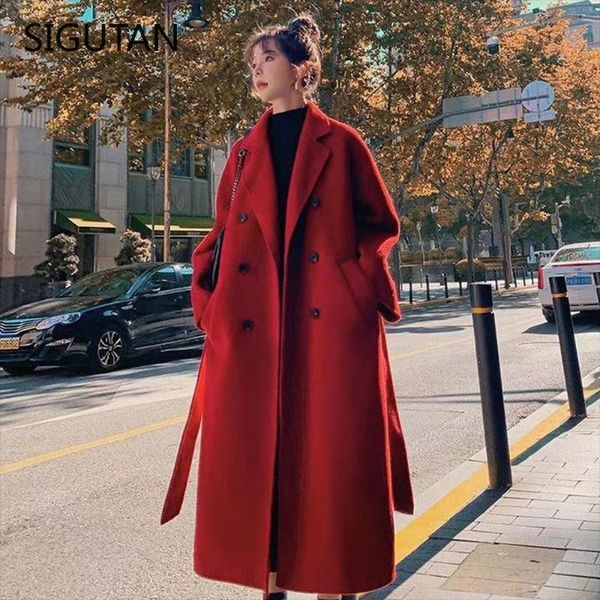 

women's wool & blends korea women spring autumn black loose long coat jacket belt woolen overcoat split hem cardigan outerwear 3xl