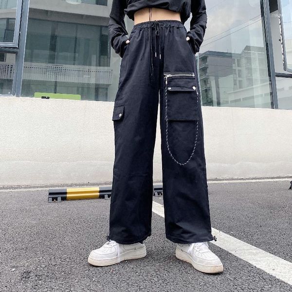 

ins streetwear loose big pockets harajuku style black pants woman high waist straight korean clothes capris 1, Black;white