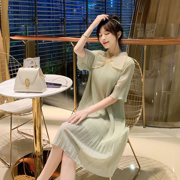 

2021 korean summer chiffon elegant girly the ladies of vintage wrinkly bow boho office short sleeve dress fy187 wxz8, Black;gray