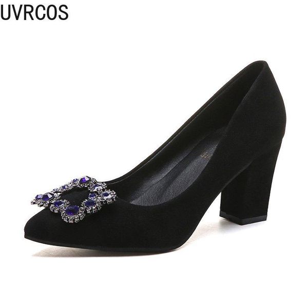 

2021 new female high heels fashion all-match vamp square buckle rhinestones embellished mature female high heels, Black