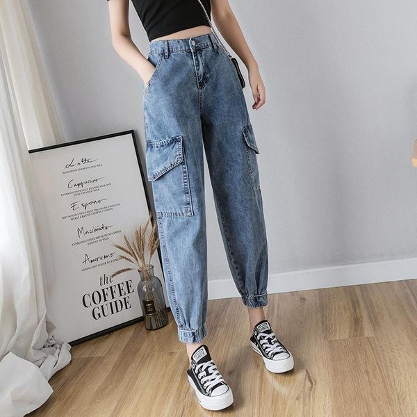 

streetwear high waist cargo jeans spring women plus size blue mom stretch ladies pants denim loose xa251k women's