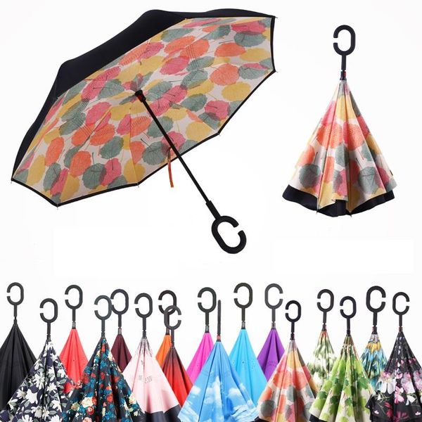 

umbrellas c-hook hands windproof reverse folding double layer inverted umbrella self stand inside out rain protection for car s2021230