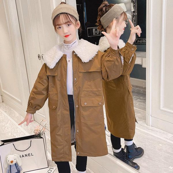 

coat girls clothes autumn winter parkas warm lined fur long casual style trench thicken kid korean outerwear, Blue;gray