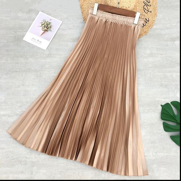 

spring women midi skirts metallic color shiny pleated skirt solid color silver long skirt satin femme jupe office lady, Black
