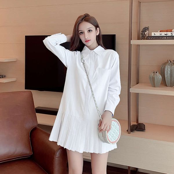 

long sleeve women's 2021 spring dress new korean loose college style pleated shirt skirt medium length design, Black;gray