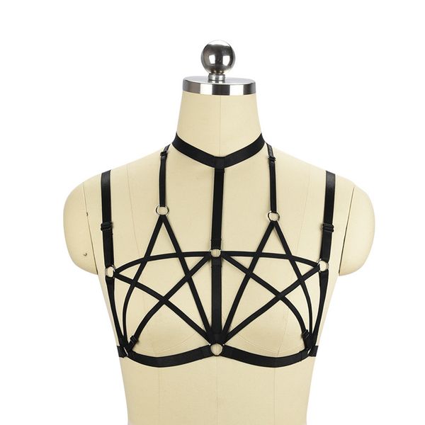 

hollowed out five pointed star black fun harness underwear french three-point dew back o0354, Black;white