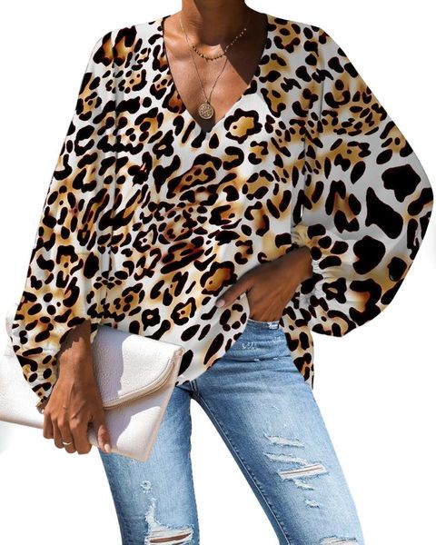 

women's blouses & shirts nopersonality casual lantern sleeve blouse 2021 large size loose fashion yellow and white leopard teen girls