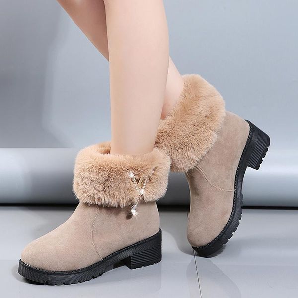 

boots warm fur snow women classic buckle ladies high heels black platform ankle square heel winter shoes