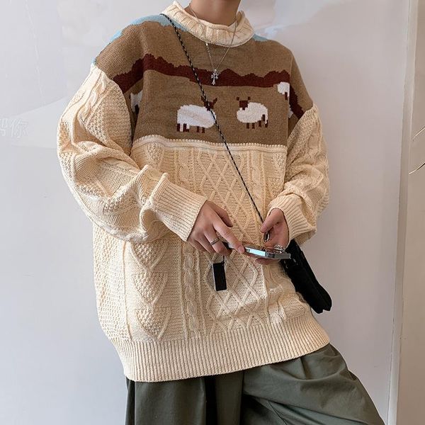 

men's sweaters harajuku knitted cartoon sheep pullovers men hip hop streetwear sweater male autumn winter loose, White;black