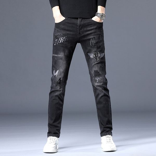 

high end embroidery slim autumn brand hip hop trend hole black jeans pants men's fashion, Blue
