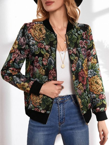 

emery rose allover floral print bomber jacket 39wq#, Black;brown