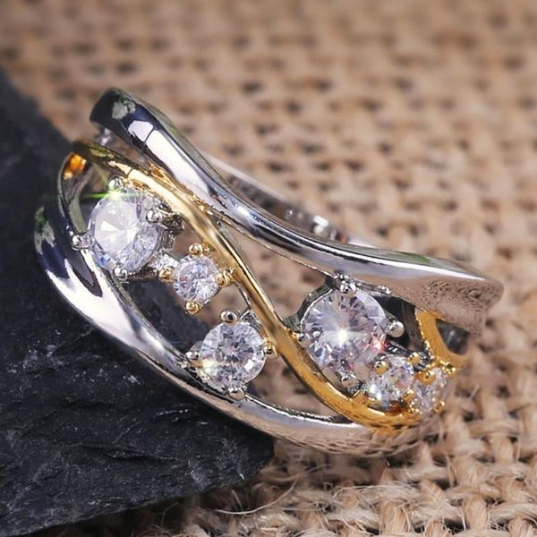 

wedding rings fashion luxury hollow zircon jewelry for women two-tone color lady cocktail party finger ring engagement gift, Slivery;golden