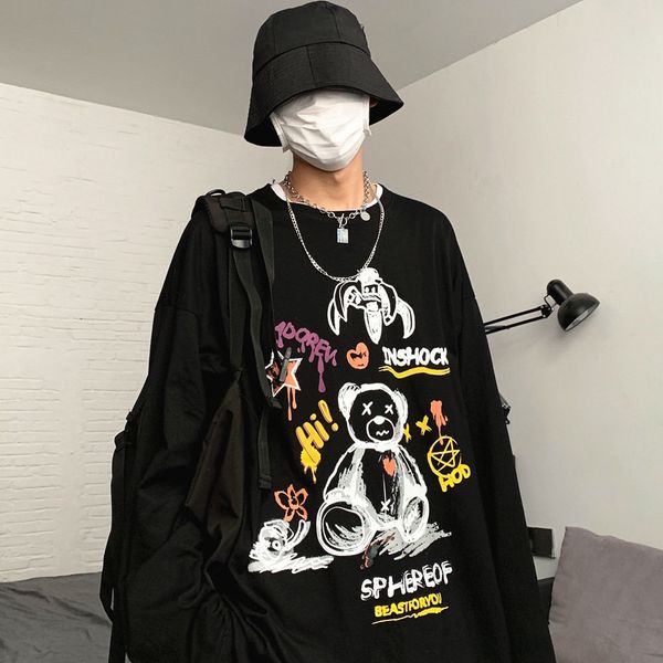 

2021 new black bear print t shirt cool oversized harajuku autumn spring tees long sleeve high street japan funny t-shirt femme ukd1