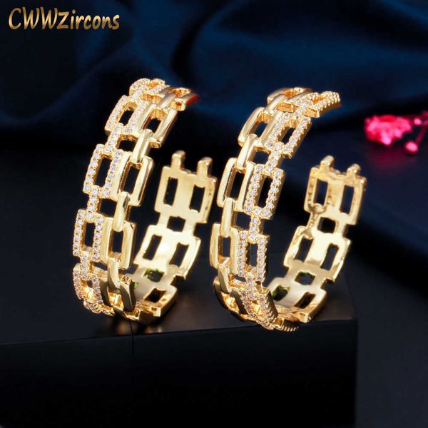 

trendy cubic zirconia paved yellow gold color cuban link shape round big hoop earring for women hip hop jewelry cz848 210714, Golden;silver