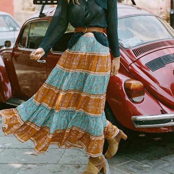 

skirts bohemian floral long 2021 arrivals boho printed high waist elegant autumn summer beach retro women clothing, Black