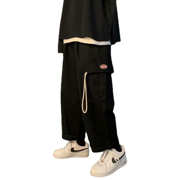 

overalls men's tide brand spring and autumn wild wide-legged men's korean version of the trend loose straight student plus size pa, Black