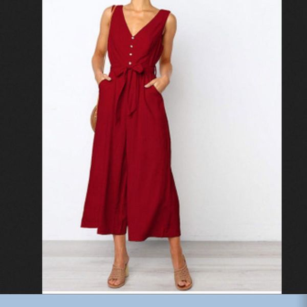 

women's jumpsuits & rompers fashion womens sleeveless v-neck button backless casual jumpsuit solid color sashes loose bodysuit, Black;white