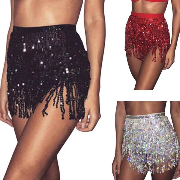 

stage wear sequins tassel skirt women's short waisted sequin trim dance mini for british style fashion party a, Black;red