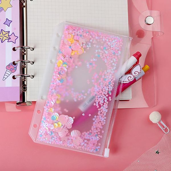 A6 PVC Notebook bolso com 6 furos glitter plástico pasta insere bolsos 6 anel solo folha sacos filofax zíper envelopes bult-in flocos sn