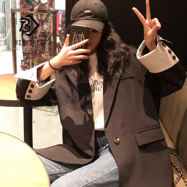 

women's suits & blazers 2021 vintage loose long blazer coat notched pockets full sleeve single button femme jacket s c96216z, White;black