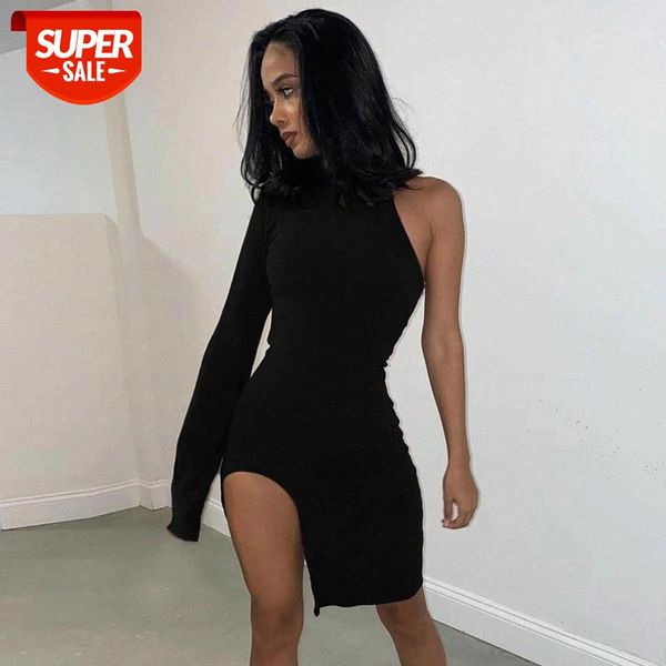 

hirigin solid women mini dresses long sleeve dress one shoulder 2020 autumn winter turtleneck bodycon slit streetwear party #am08, Black;gray