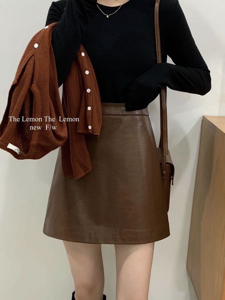 

skirts the lemon leather autumn 2021 short a-line skirt high waist versatile temperament hip wrap skirt women, Black